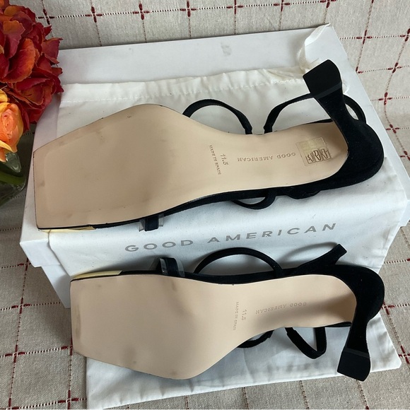 Good American Suede Strappy Heels Gold Square Toe Sz 11.5 Black Leather New - Picture 6 of 6